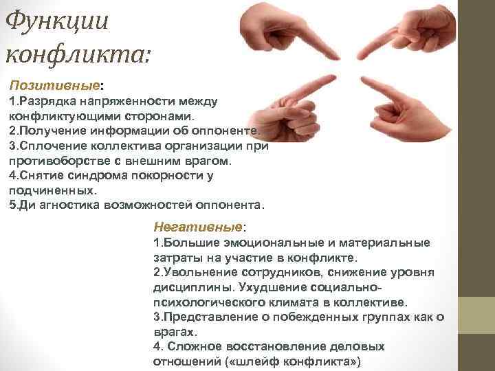 Функции конфликта: Позитивные: 1. Разрядка напряженности между конфликтующими сторонами. 2. Получение информации об оппоненте.