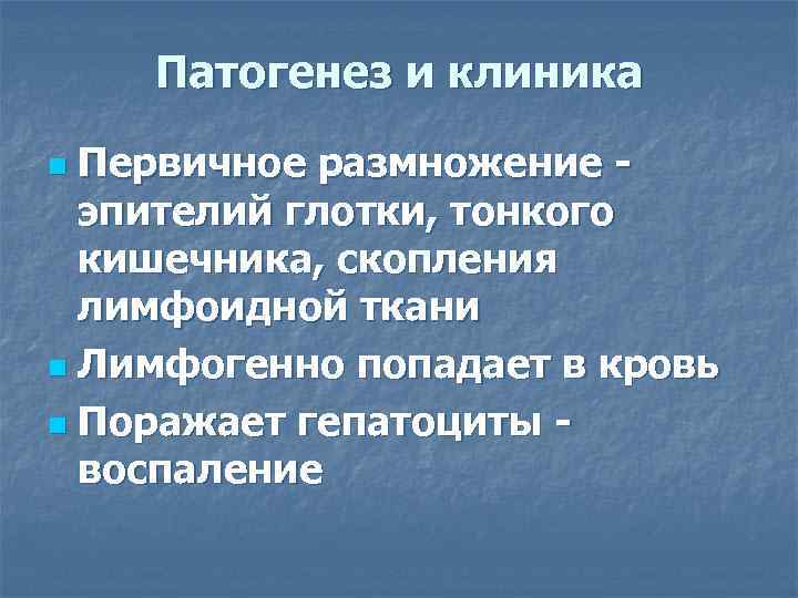   Патогенез и клиника n Первичное размножение -  эпителий глотки, тонкого 