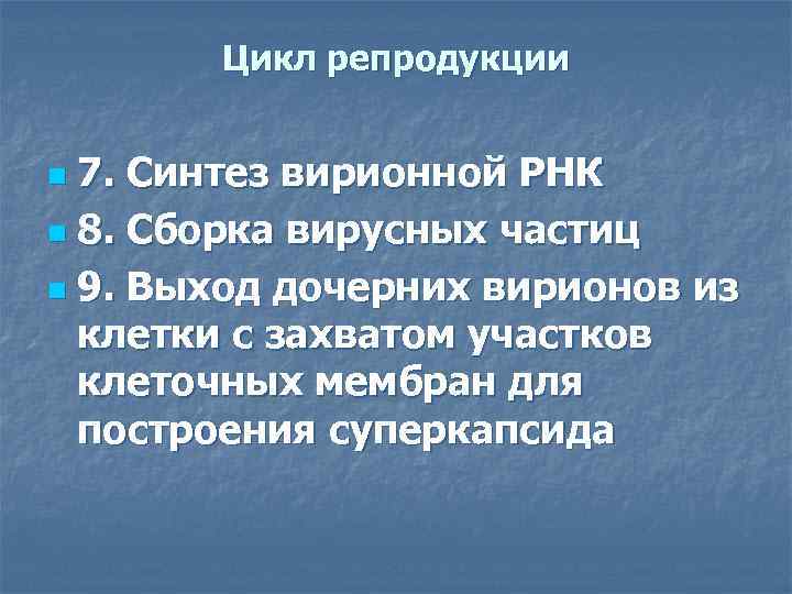   Цикл репродукции  n 7. Синтез вирионной РНК n 8. Сборка вирусных