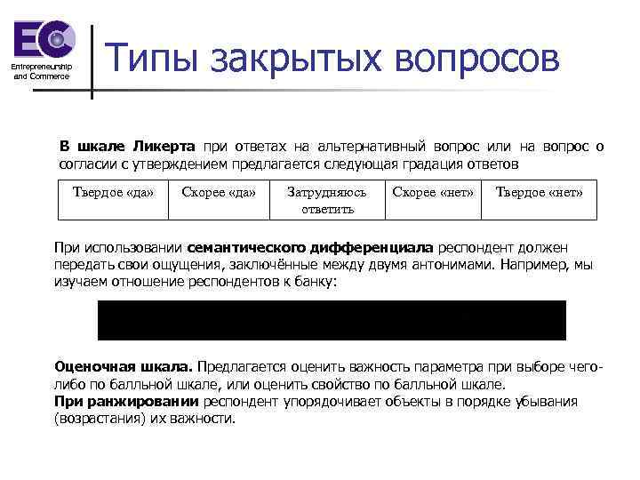 Entrepreneurship and Commerce    Типы закрытых вопросов   В шкале Ликерта