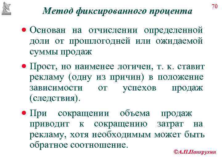     70 Метод фиксированного процента · Основан на отчислении определенной 
