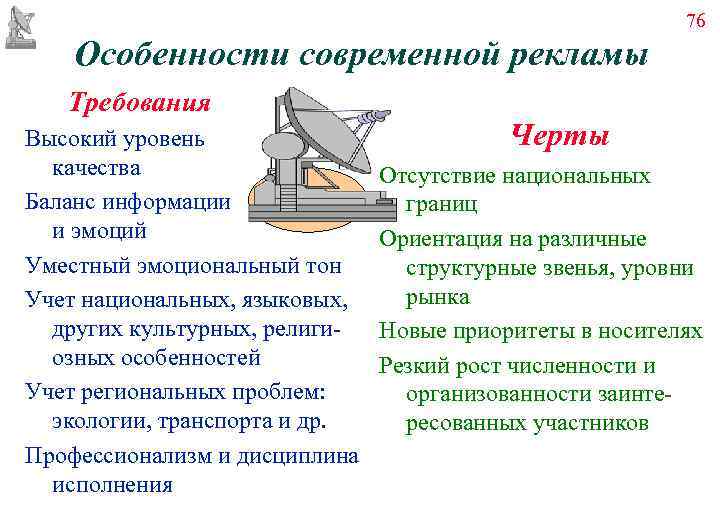      76 Особенности современной рекламы  Требования Высокий уровень 