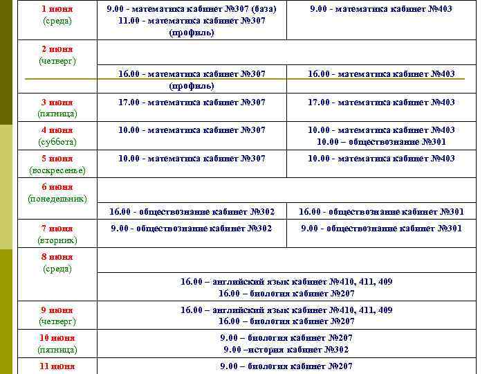   1 июня  9. 00 - математика кабинет № 307 (база) 
