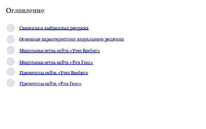 Оглавление Сведения о выбранных ресурсах Основные характеристики визуального решения Модульная сетка сайта «Yves Rocher»