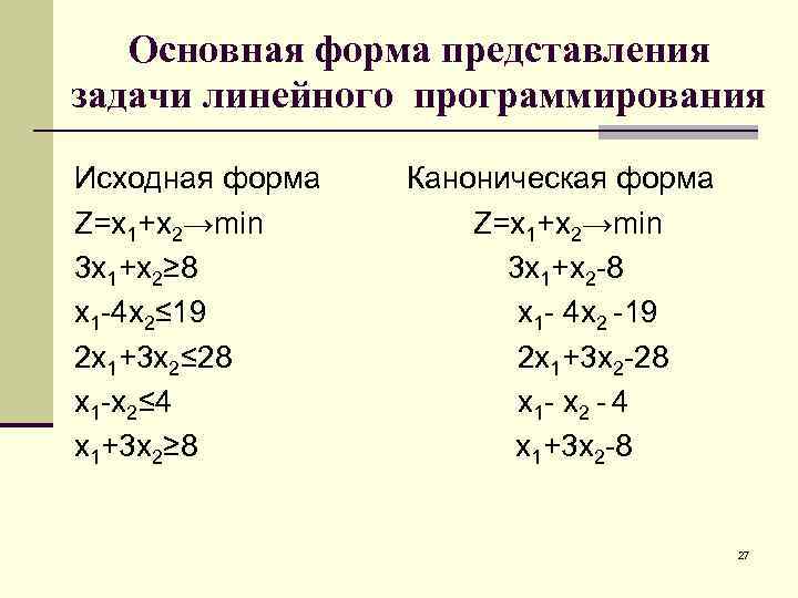 Основная форма представления задачи линейного программирования Исходная форма Z=x 1+x 2→min 3 x 1+x