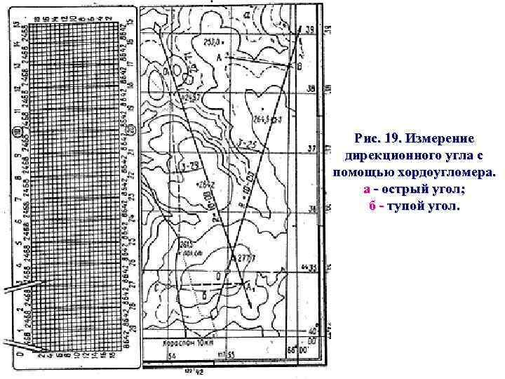   Рис. 19. Измерение  дирекционного угла с помощью хордоугломера. а  острый