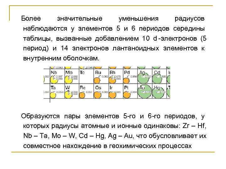 Более значительные  уменьшения  радиусов наблюдаются у элементов 5 и 6 периодов середины