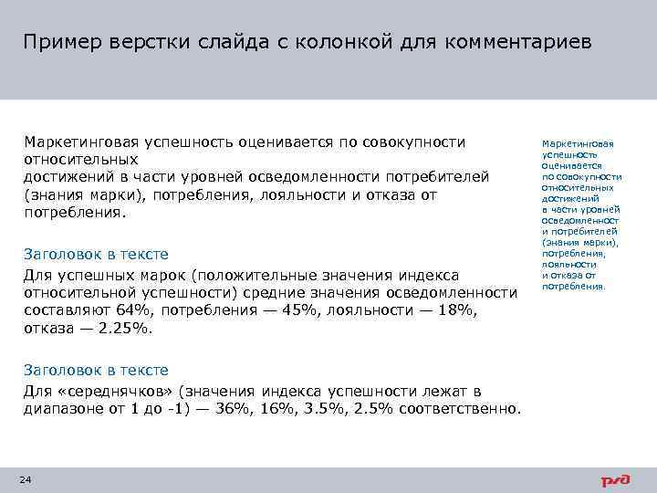 Пример верстки слайда с колонкой для комментариев  Маркетинговая успешность оценивается по совокупности 