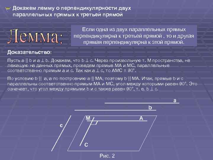  Докажем лемму о перпендикулярности двух  параллельных прямых к третьей прямой  