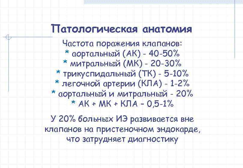  Патологическая анатомия Частота поражения клапанов:  * аортальный (АК) - 40 -50% *