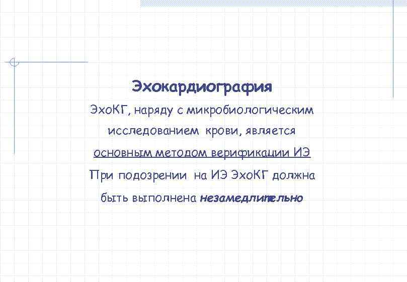 Эхокардиография Эхо. КГ, наряду с микробиологическим  исследованием крови, является основным методом верификации