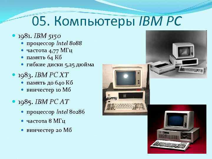   05. Компьютеры IBM PC  1981. IBM 5150  процессор Intel 8088