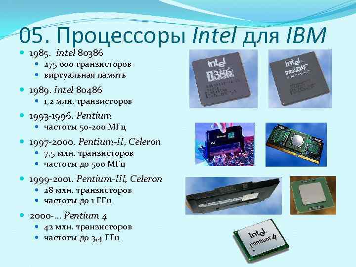 05. Процессоры Intel для IBM  1985.  Intel 80386 275 000 транзисторов виртуальная