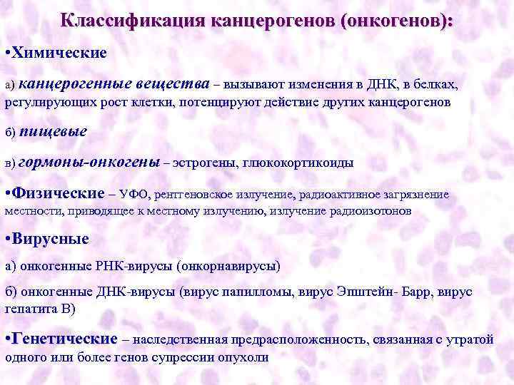    Классификация канцерогенов (онкогенов):  • Химические а) канцерогенные вещества – вызывают