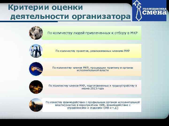 Критерии оценки       Company Logo деятельности организатора  