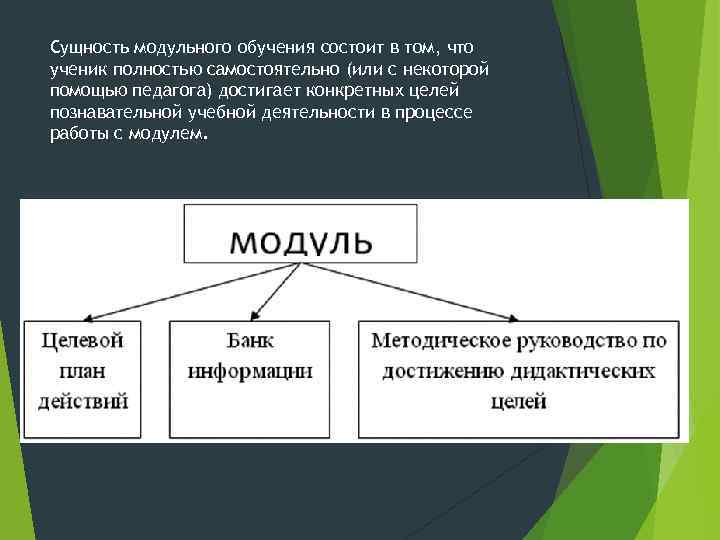 Сущность модульного обучения состоит в том, что ученик полностью самостоятельно (или с некоторой помощью
