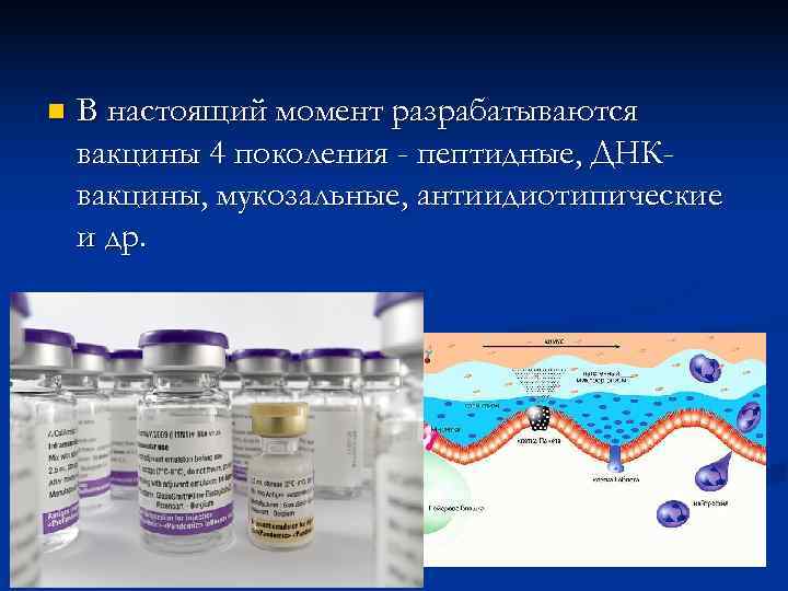 n  В настоящий момент разрабатываются вакцины 4 поколения - пептидные, ДНК- вакцины, мукозальные,