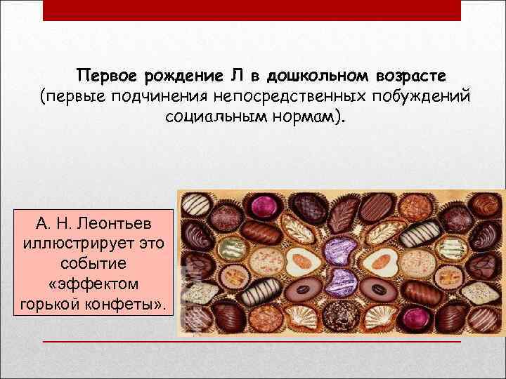 Первое рождение Л в дошкольном возрасте (первые подчинения непосредственных побуждений социальным нормам). А. Н.