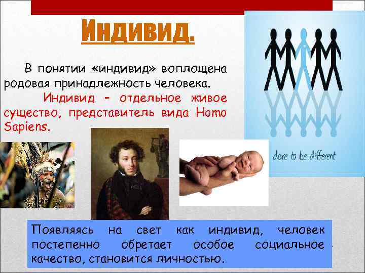 Индивид. В понятии «индивид» воплощена родовая принадлежность человека. Индивид – отдельное живое существо, представитель