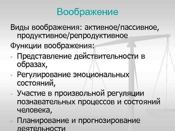 Воображение Виды воображения: активное/пассивное, продуктивное/репродуктивное Функции воображения: - Представление действительности в Воображение Виды воображения: активное/пассивное, продуктивное/репродуктивное Функции воображения: - Представление действительности в