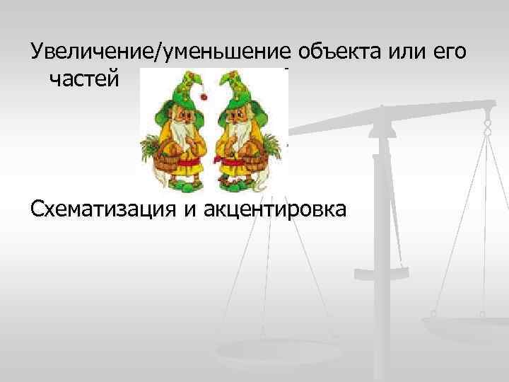 Увеличение/уменьшение объекта или его частей Схематизация и акцентировка Увеличение/уменьшение объекта или его частей Схематизация и акцентировка
