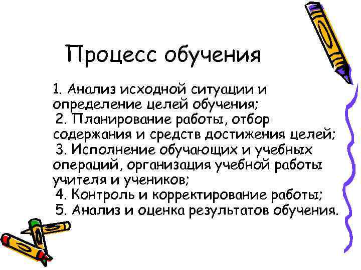  Процесс обучения 1. Анализ исходной ситуации и определение целей обучения;  2. Планирование