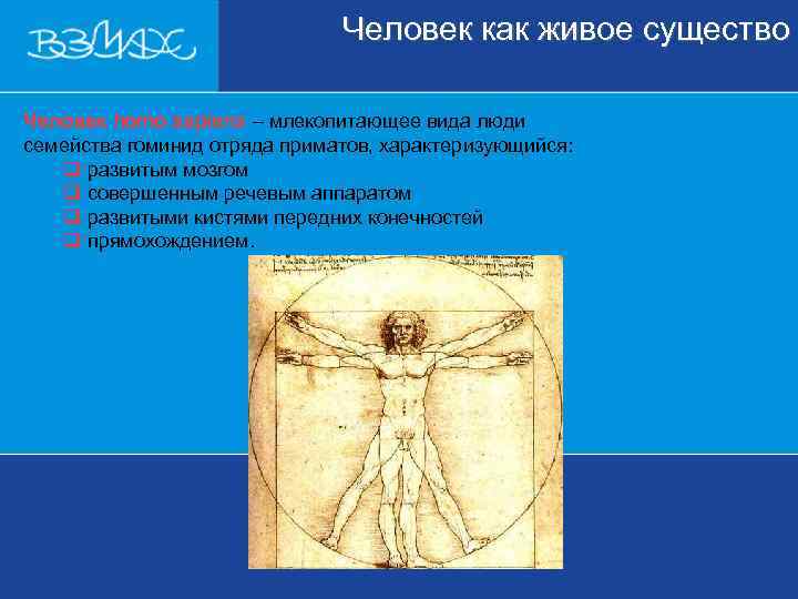      Человек как живое существо Человек homo sapiens – млекопитающее