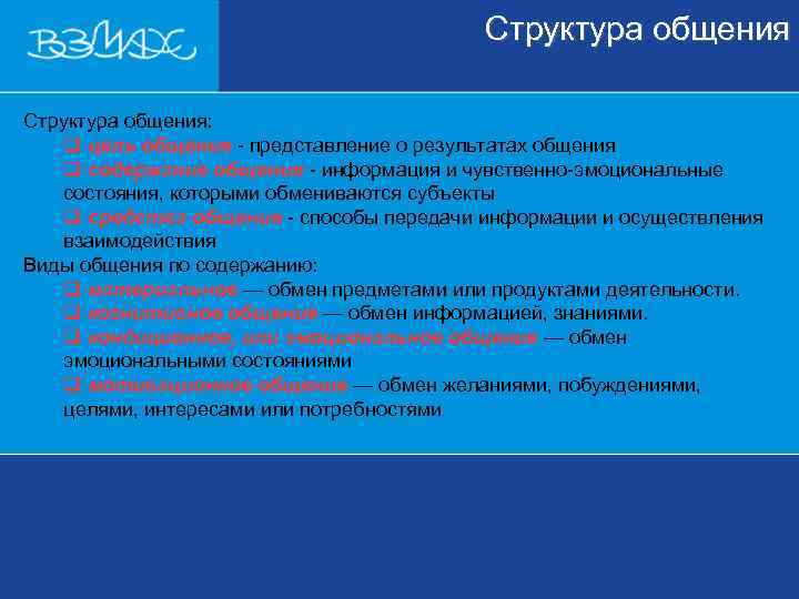        Структура общения: q цель общения - представление