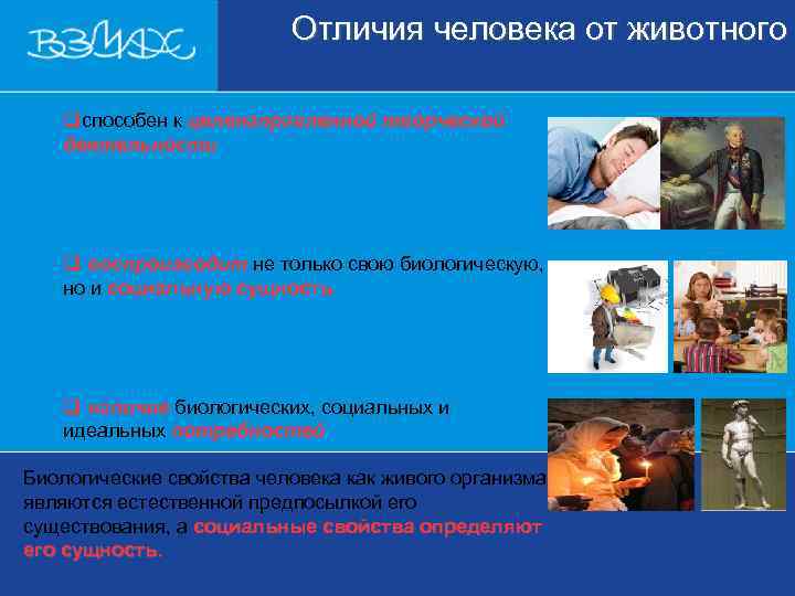      Отличия человека от животного qспособен к целенаправленной творческой деятельности