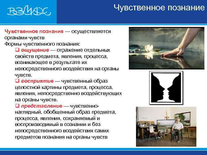 Чувственное познание — осуществляется познание органами чувств Чувственное познание — осуществляется познание органами чувств