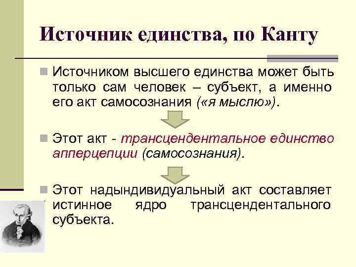 Источник единства, по Канту n Источником высшего единства может быть  только сам человек