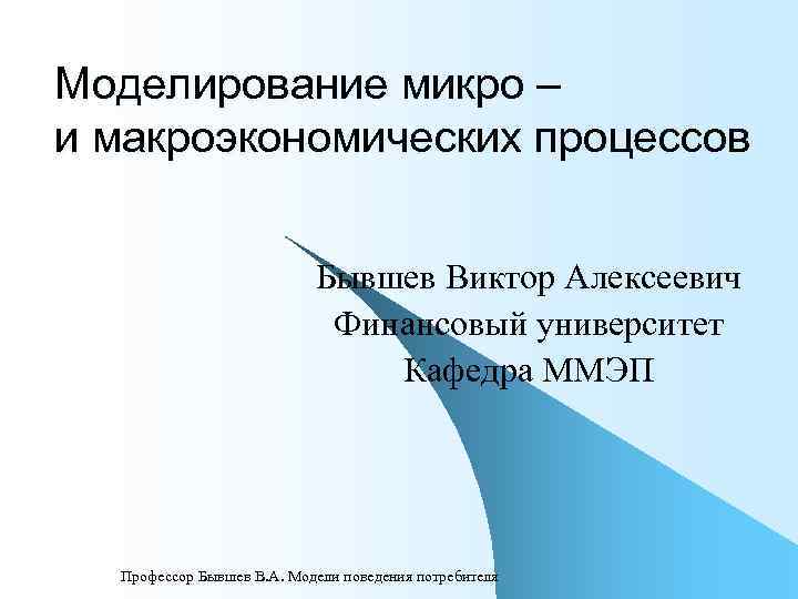 Моделирование микро – и макроэкономических процессов     Бывшев Виктор Алексеевич 