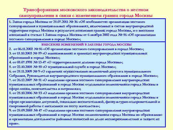   Трансформация московского законодательства о местном самоуправлении в связи с изменением границ города