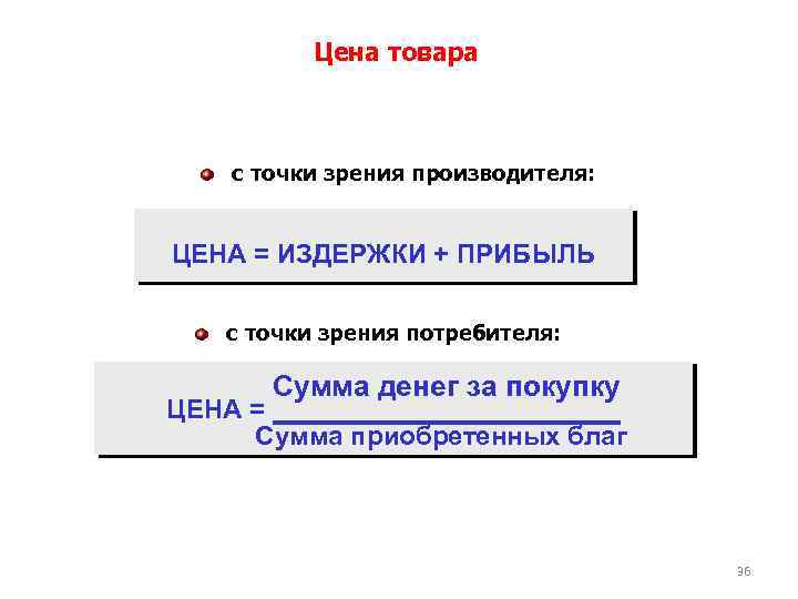 Цена товара с точки зрения производителя: ЦЕНА = ИЗДЕРЖКИ + ПРИБЫЛЬ с точки зрения