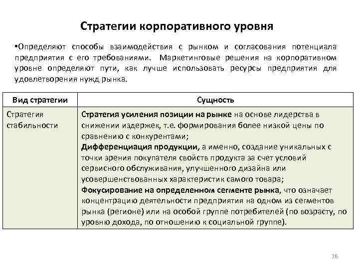 Стратегии корпоративного уровня • Определяют способы взаимодействия с рынком и согласования потенциала предприятия с