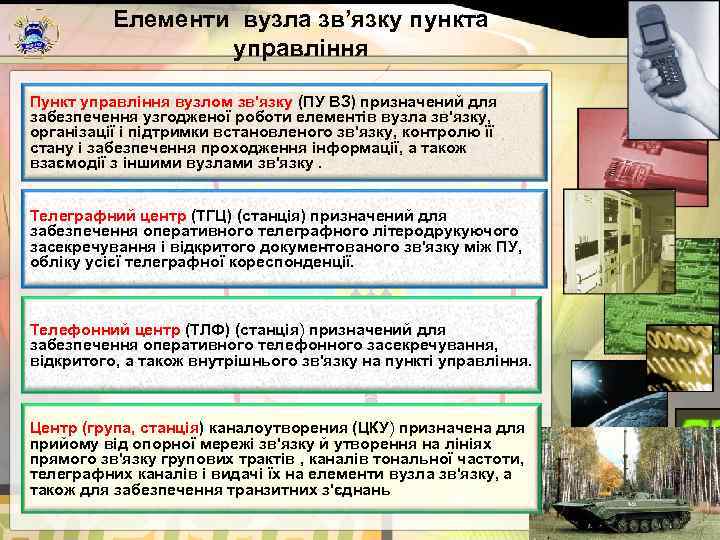    Елементи вузла зв’язку пункта     управління Пункт управління