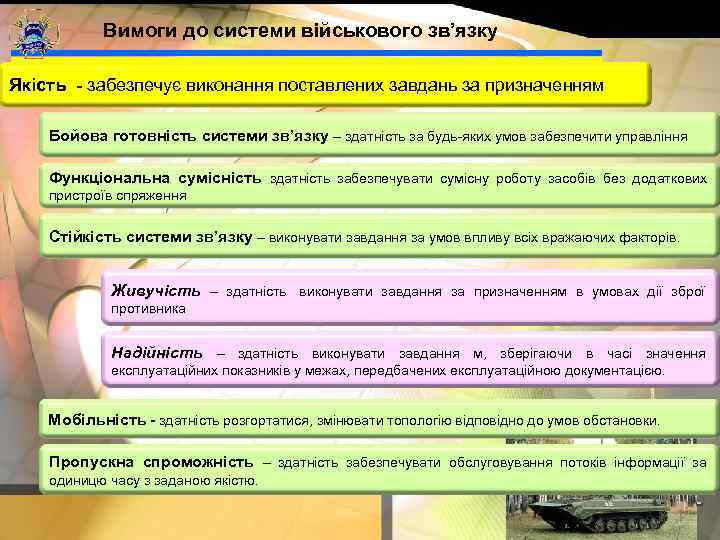   Вимоги до системи військового зв’язку  Якість - забезпечує виконання поставлених завдань