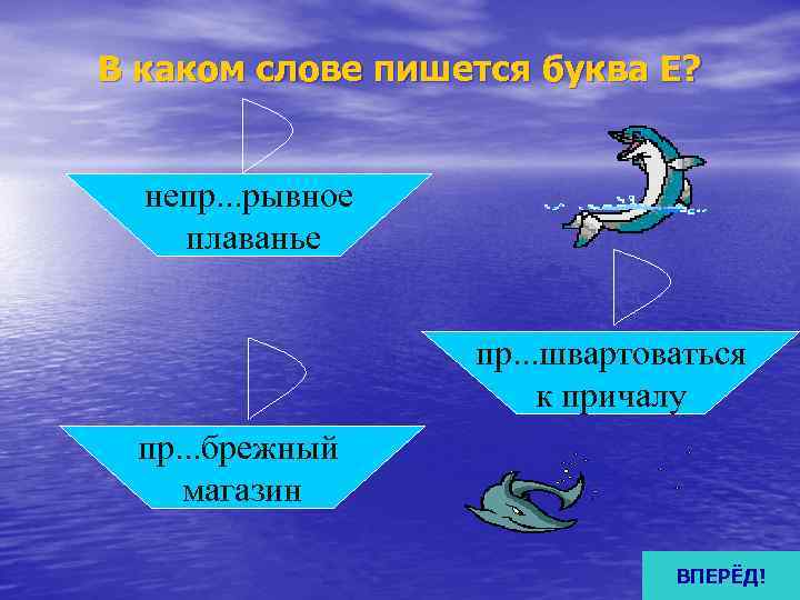 В каком слове пишется буква Е? непр. . . рывное плаванье   