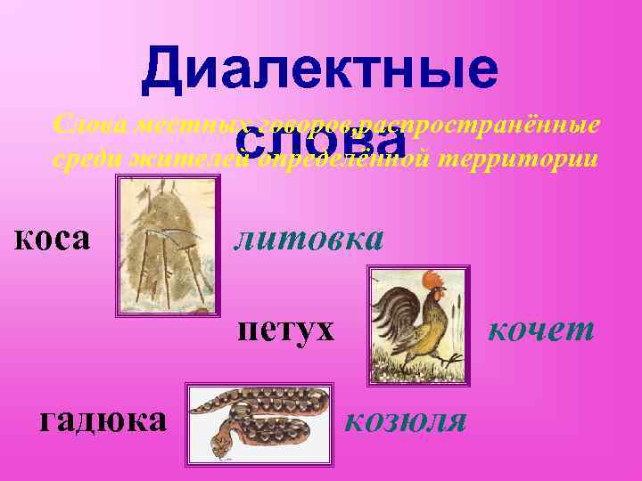 Местный диалект 5 букв. Диалектные слова. Диалектные животные. Диалектные названия животных. Рисунок на тему диалектные слова.