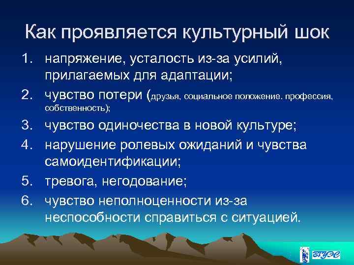 Как проявляется культурный шок 1. напряжение, усталость из-за усилий, прилагаемых для адаптации; 2. чувство