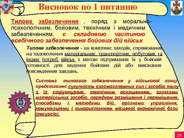    Висновок по 1 питанню Тилове забезпечення ,  поряд з морально-