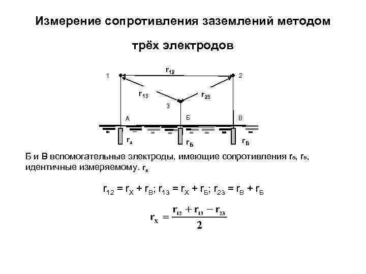  Измерение сопротивления заземлений методом      трёх электродов  
