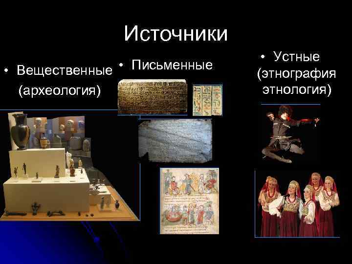 Источники • Вещественные • Письменные (археология) • Устные (этнография этнология) 