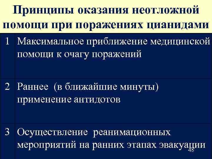  Принципы оказания неотложной помощи при поражениях цианидами 1 Максимальное приближение медицинской  помощи