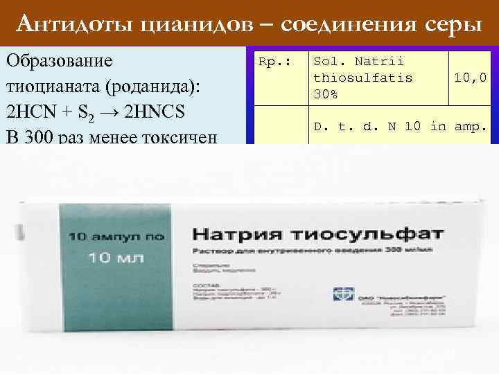  Антидоты цианидов – соединения серы Образование   Rp. :  Sol. Natrii