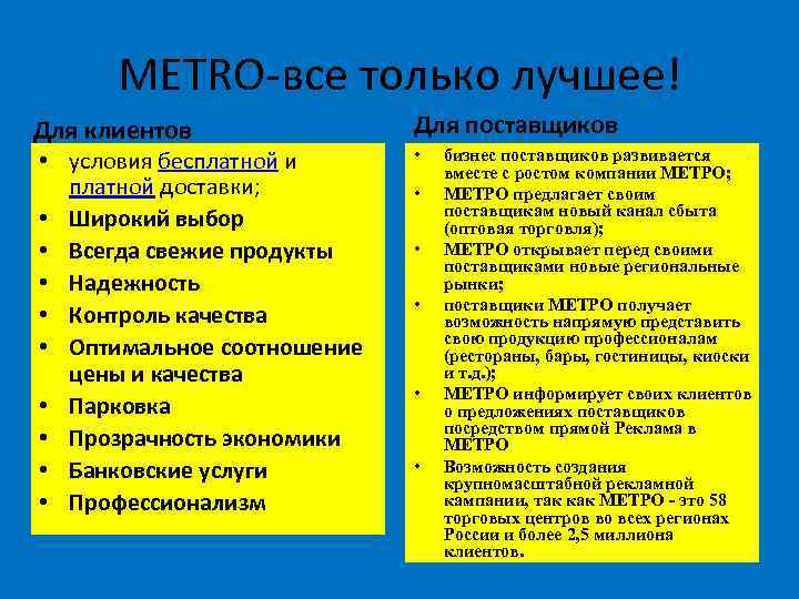 МЕТRO-все только лучшее! Для клиентов • условия бесплатной и платной доставки; • Широкий выбор