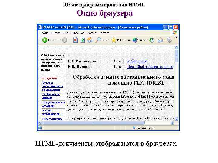   Язык программирования HTML  Окно браузера HTML-документы отображаются в браузерах 