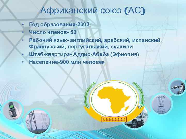  Африканский союз (АС) • Год образования-2002 • Число членов- 53 • Рабочий язык-