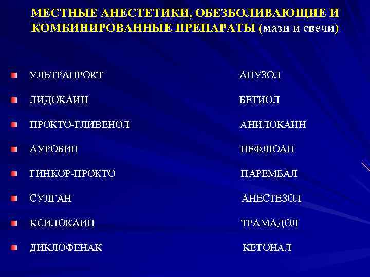 МЕСТНЫЕ АНЕСТЕТИКИ, ОБЕЗБОЛИВАЮЩИЕ И КОМБИНИРОВАННЫЕ ПРЕПАРАТЫ (мази и свечи)  УЛЬТРАПРОКТ   