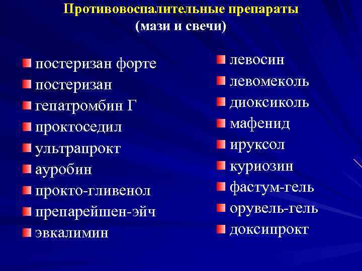   Противовоспалительные препараты   (мази и свечи) постеризан форте  левосин постеризан